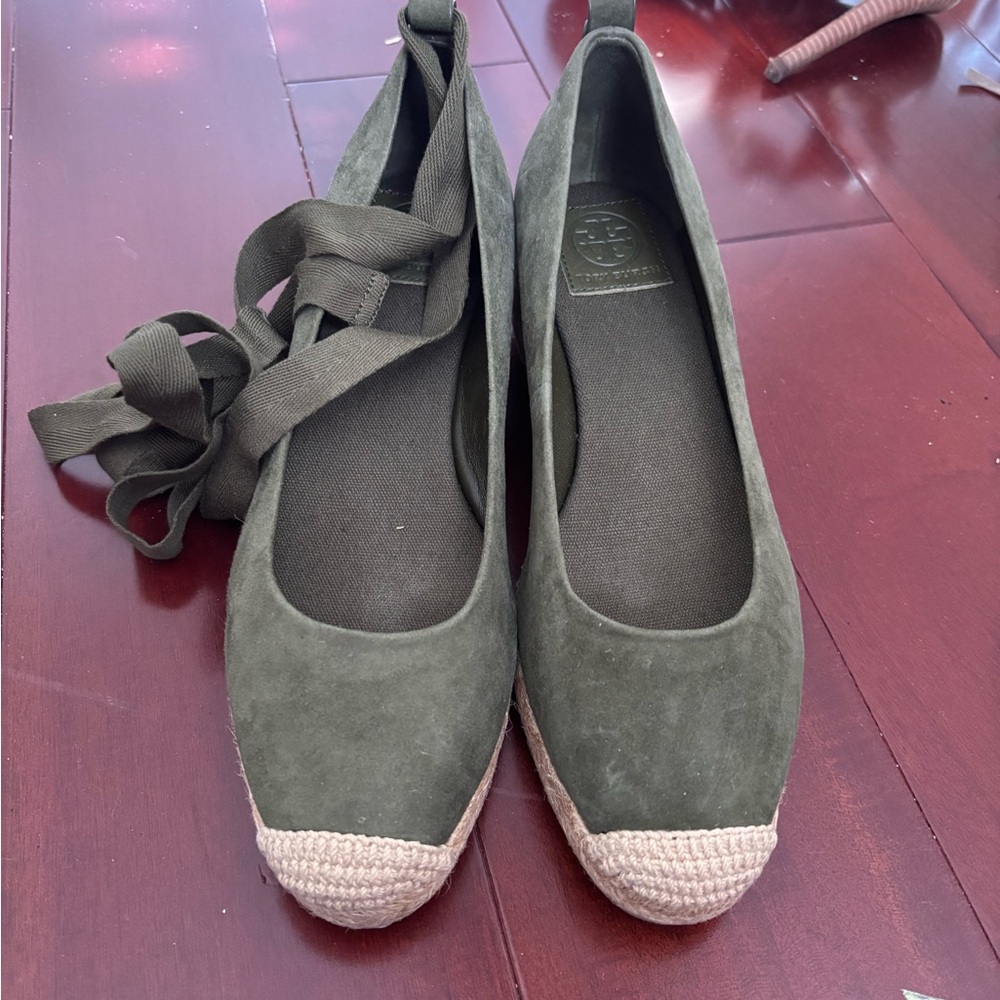Tory Burch Dark Green Espadrilles with Tan Accents